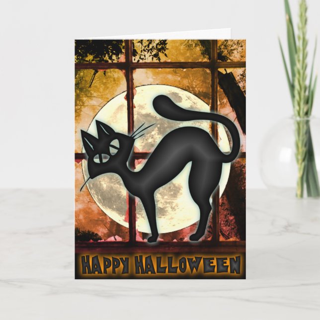 Funny Big Black Cat Halloween Greeting Card (Front)