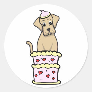Funny big dog jumping out of a cake classic round sticker
