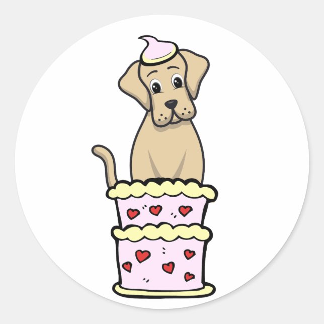 Funny big dog jumping out of a cake classic round sticker (Front)