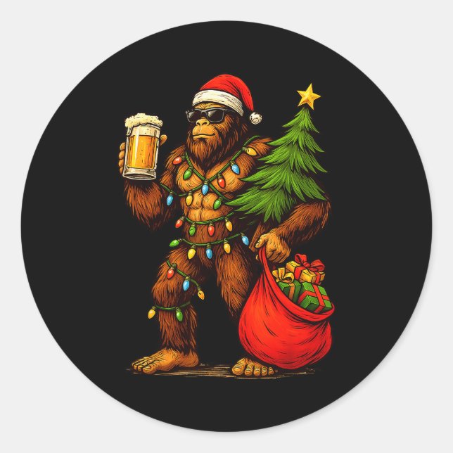 Funny Big Foot Santa Hat Drink Christmas Tree Xmas Classic Round Sticker (Front)