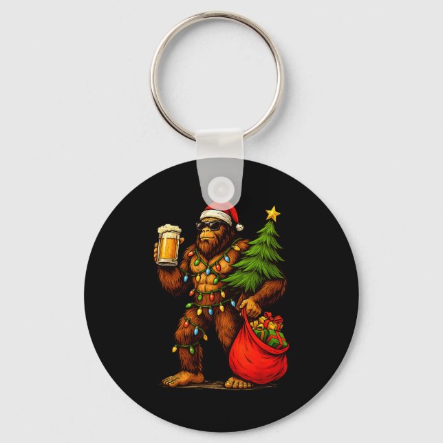 Funny Big Foot Santa Hat Drink Christmas Tree Xmas Key Ring (Front)