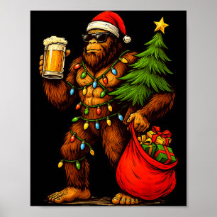 Funny Big Foot Santa Hat Drink Christmas Tree Xmas Poster