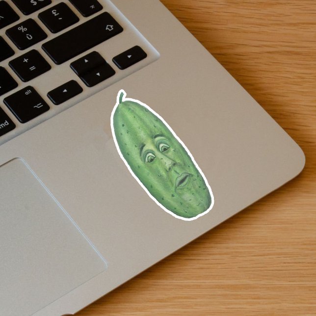 Funny Big Green Pickle with Surprised Face (Funny big green pickle with stem and surprised looking face on vinyl sticker.)