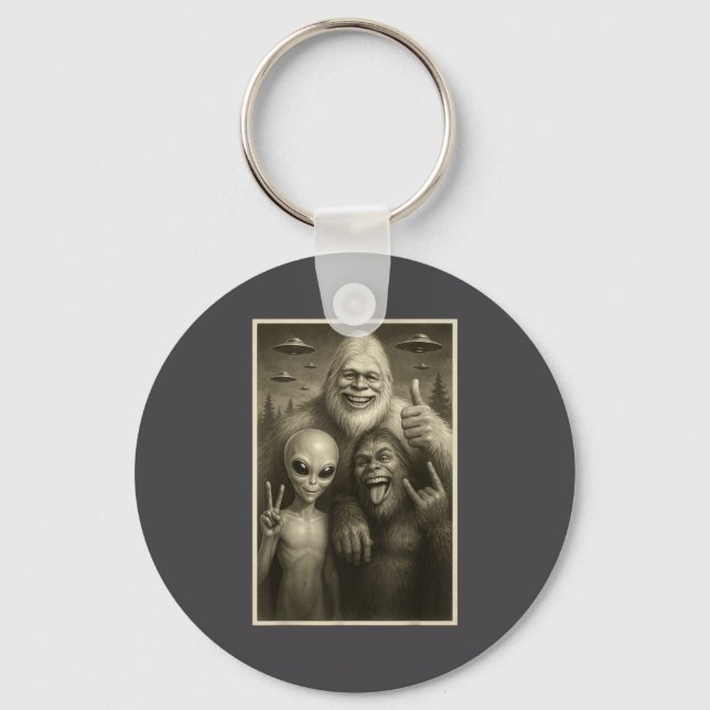Funny Bigfoot, Alien, &amp; Yeti Sasquatch Rock On Key Ring (Front)
