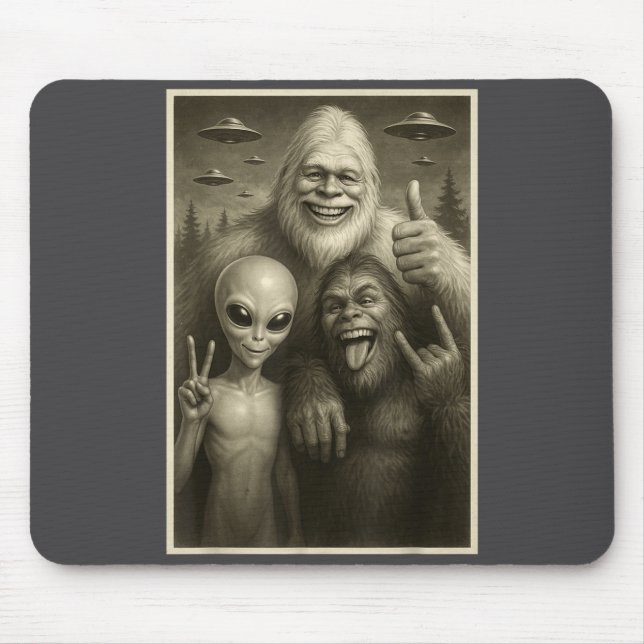 Funny Bigfoot, Alien, &amp; Yeti Sasquatch Rock On Mouse Mat (Front)