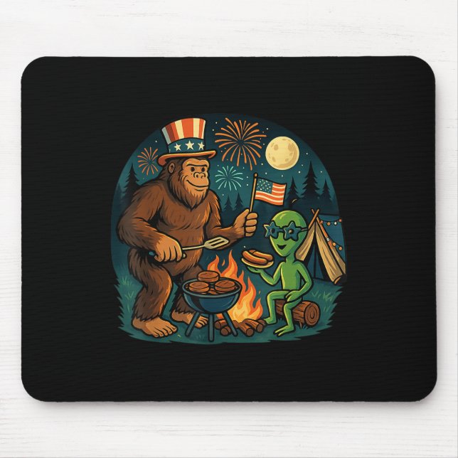 Funny Bigfoot Alien Bbq Campfire 4th Of July Ameri Mouse Mat (Front)