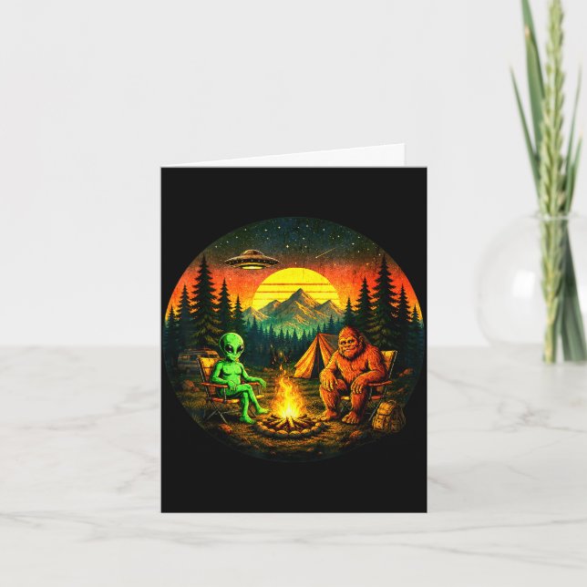 Funny bigfoot alien camping retro ufo campfire  card (Front)