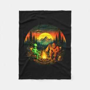 Funny bigfoot alien camping retro ufo campfire fleece blanket