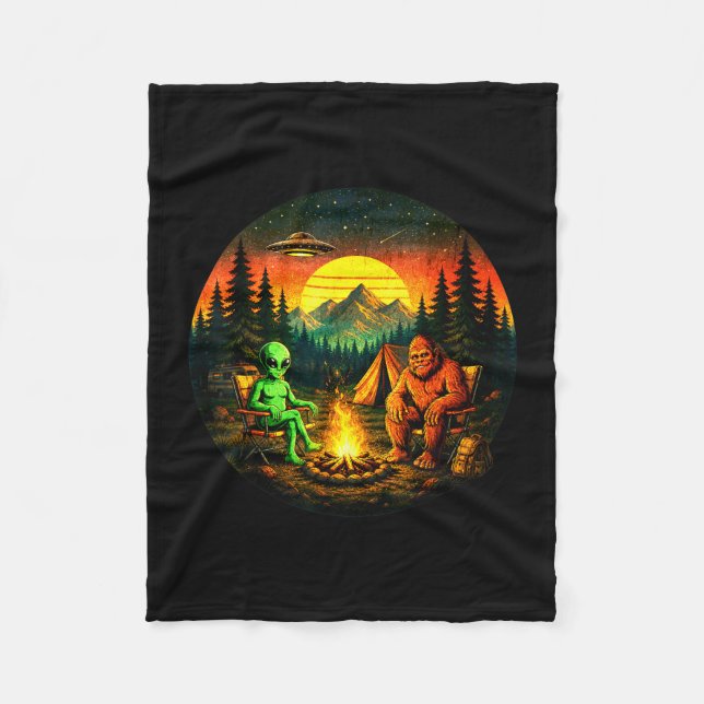 Funny bigfoot alien camping retro ufo campfire  fleece blanket (Front)