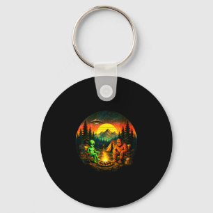 Funny bigfoot alien camping retro ufo campfire  key ring