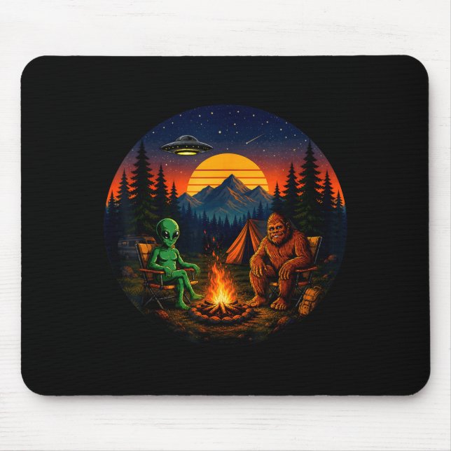 Funny bigfoot alien camping retro ufo campfire mouse mat (Front)