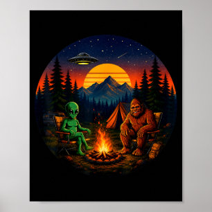 Funny bigfoot alien camping retro ufo campfire poster
