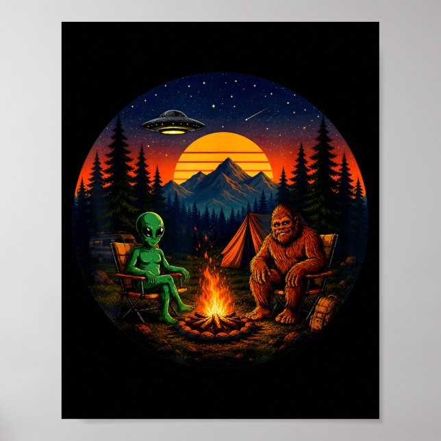 Funny bigfoot alien camping retro ufo campfire poster (Front)