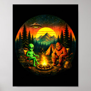 Funny bigfoot alien camping retro ufo campfire poster
