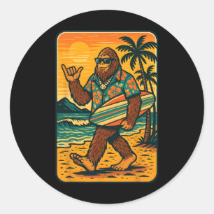 Funny Bigfoot Aloha Hawaiian Surfing Tropical Beac Classic Round Sticker