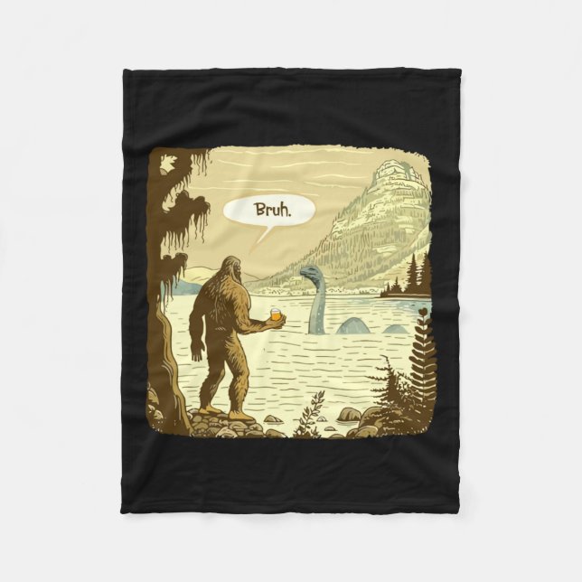 Funny Bigfoot And Nessie Bruh Moment Beer  Fleece Blanket (Front)