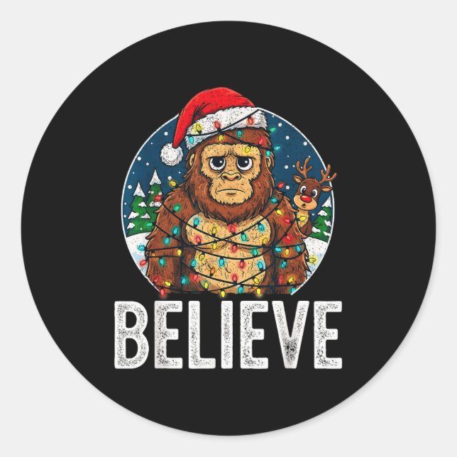 Funny Bigfoot Believe Christmas Sasquatch Santa Fo Classic Round Sticker (Front)