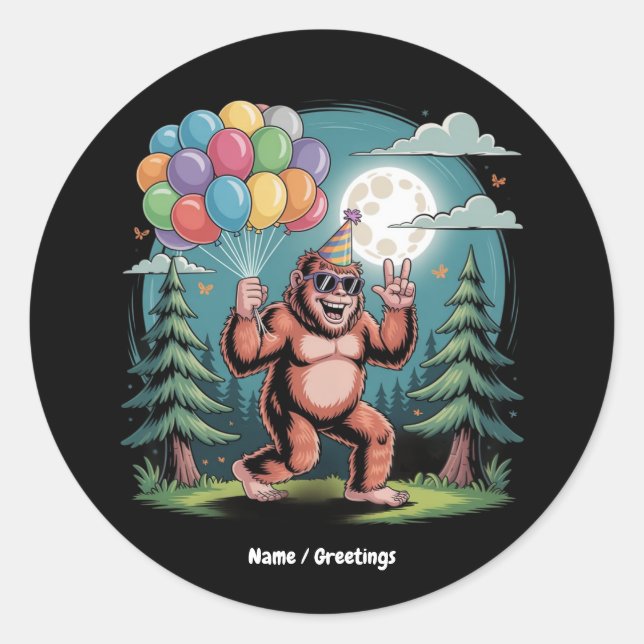 Funny Bigfoot Birthday Party Bash Balloons Classic Round Sticker (Front)