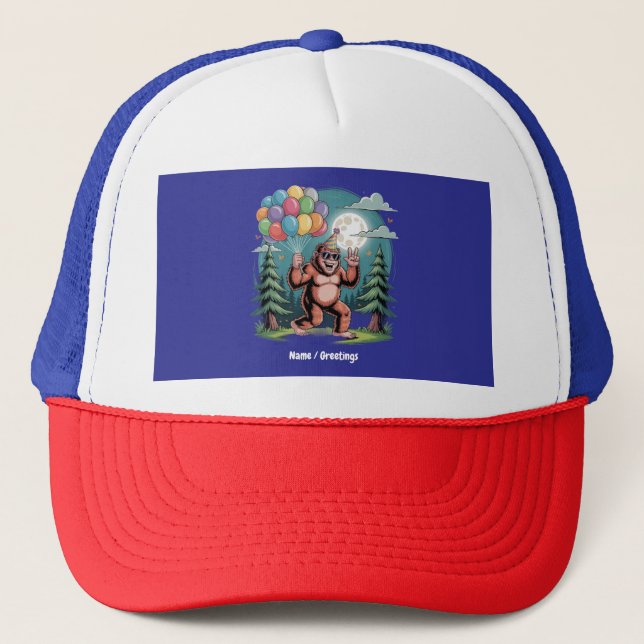 Funny Bigfoot Birthday Party Bash Balloons Trucker Hat (Front)