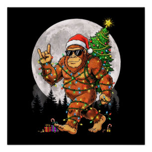 Funny Bigfoot Christmas Lights and Moon Poster