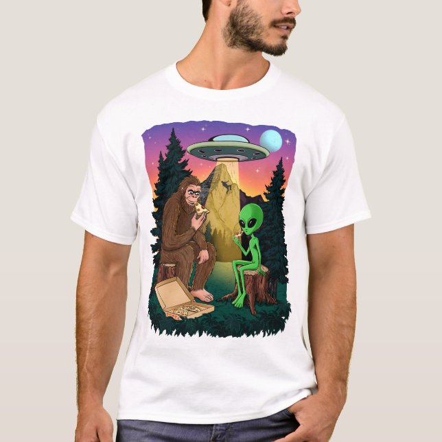 Funny Bigfoot Eating Pizza With Alien UFOs Hiking T-Shirt (Front)