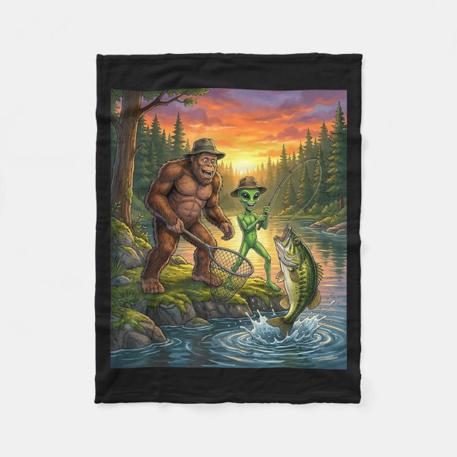 Funny Bigfoot Fishing Mens Alien Sasquatch Fishing Fleece Blanket (Front)