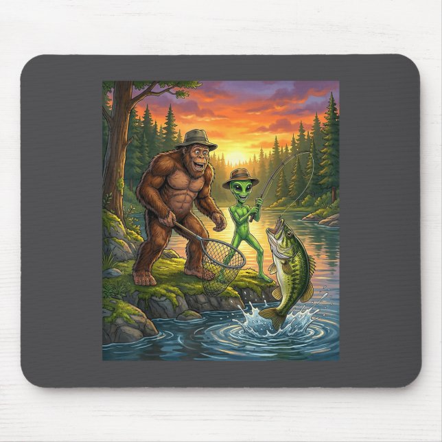 Funny Bigfoot Fishing Mens Alien Sasquatch Fishing Mouse Mat (Front)