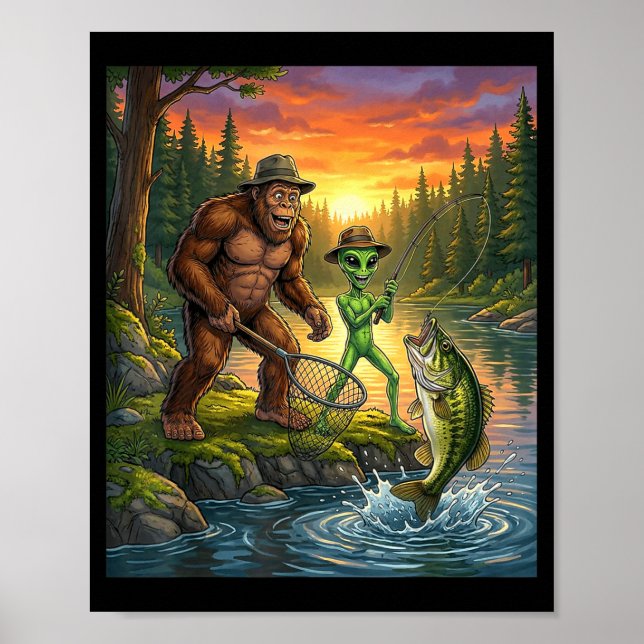 Funny Bigfoot Fishing Mens Alien Sasquatch Fishing Poster (Front)
