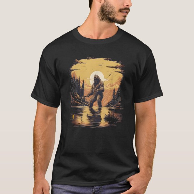 Funny Bigfoot Fly Fishing Sunset Fishing Dad Sasqu T-Shirt (Front)