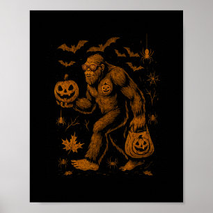 Funny Bigfoot Halloween With Pumpkin And Spooky Vi Poster