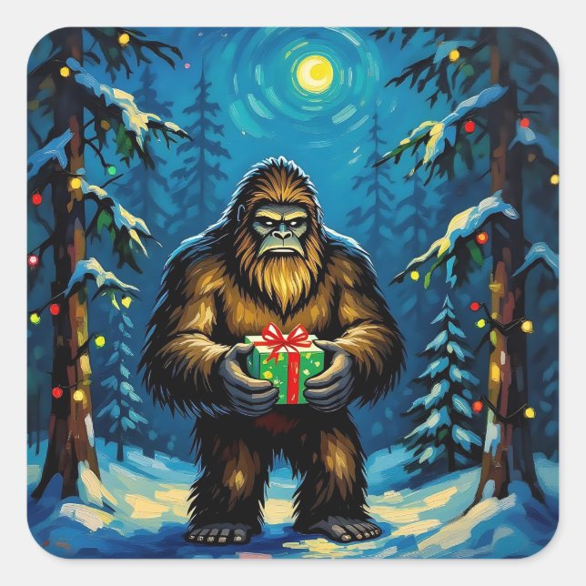 Funny Bigfoot holding a Christmas Gift Square Sticker (Front)