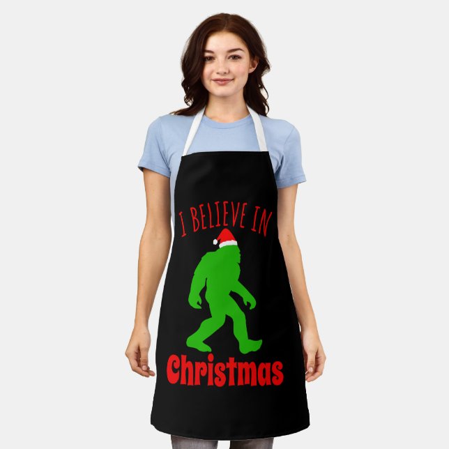Funny Bigfoot I Believe In Christmas     Apron (Worn)