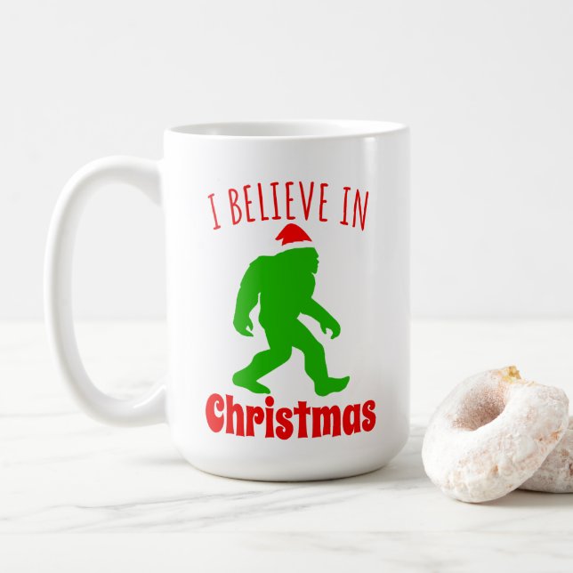 Funny Bigfoot I Believe In Christmas    Coffee Mug (With Donut)