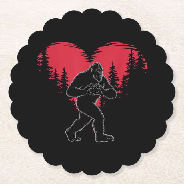 Funny Bigfoot in Love Heart Happy Valentine's Day Paper Coaster (Front)
