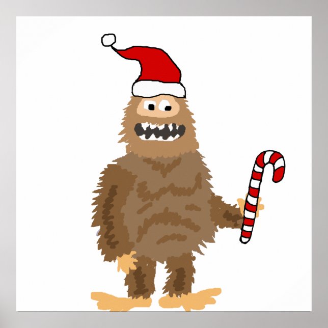 Funny Bigfoot in Santa hat Christmas Cartoon Poster (Front)