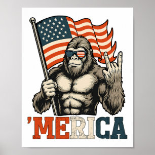 Funny Bigfoot Merica Rock Usa Flag Patriotic 4th O Poster
