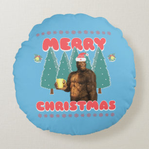 Funny Bigfoot - Merry Christmas Round Cushion