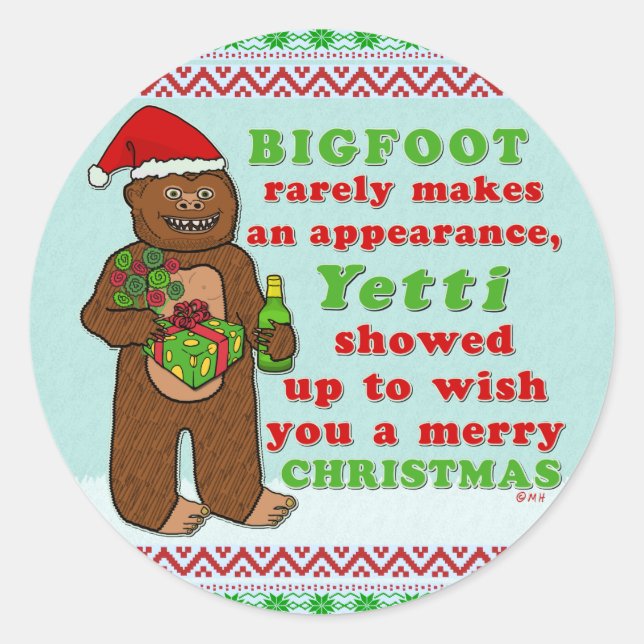Funny Bigfoot Merry Christmas Sasquatch Pun Classic Round Sticker (Front)