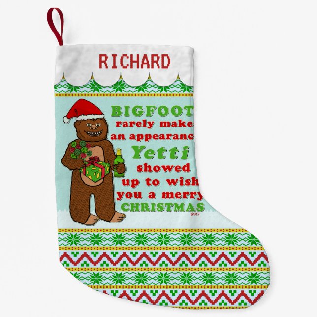Funny Bigfoot Merry Christmas Sasquatch Pun Small Christmas Stocking (Front)