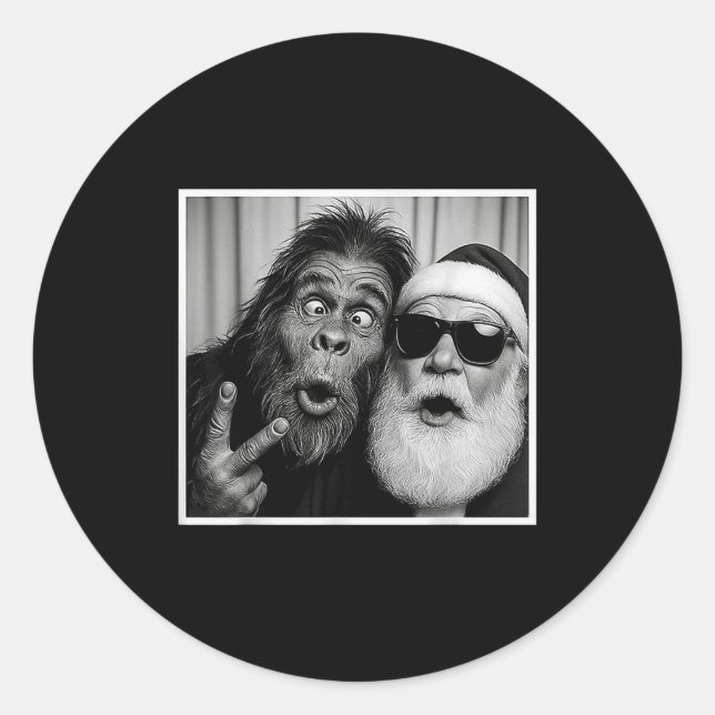 Funny Bigfoot Photobooth With Santa Christmas Xmas Classic Round Sticker (Front)