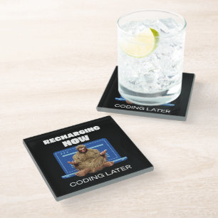 Funny Bigfoot Programmer Recharging Coding Later Glass Coaster