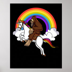 Funny Bigfoot Riding Magical Unicorn Rainbow Poster