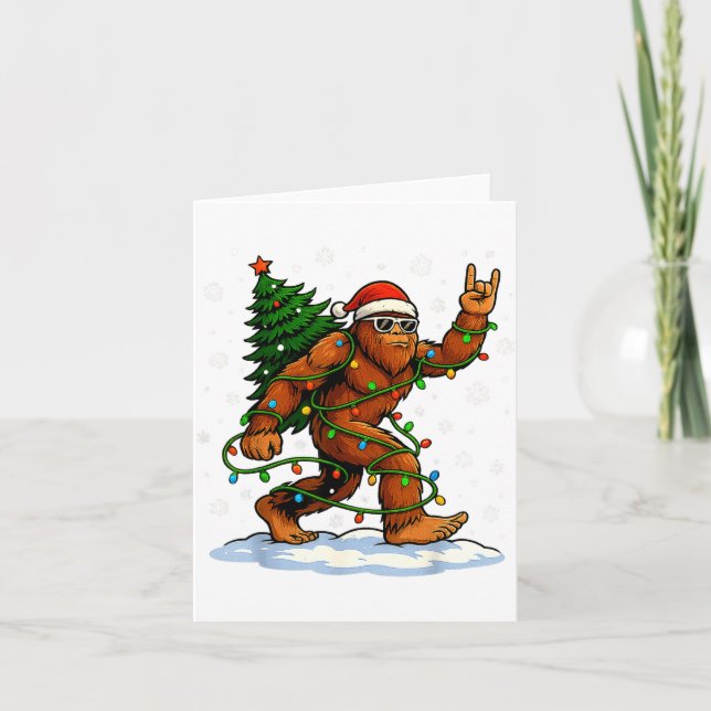 Funny Bigfoot Rock On Christmas Lights Snow Holida Card (Front)