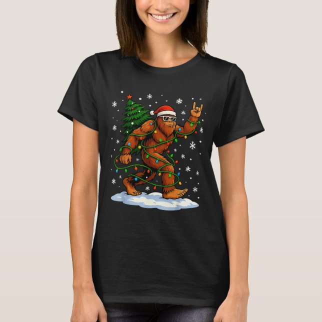 Funny Bigfoot Rock On Christmas Lights Snow Holida T-Shirt (Front)