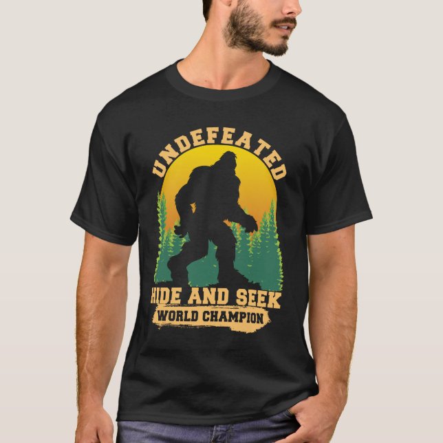 Funny Bigfoot Sasquatch Hide and Seek Champion T-Shirt (Front)