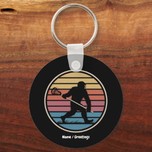 Funny Bigfoot Sasquatch Lacrosse Vintage Sunset Key Ring