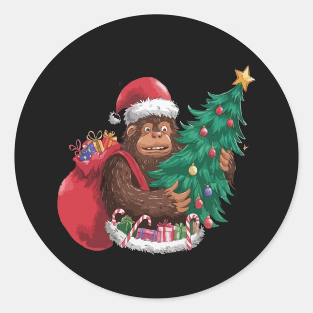 Funny Bigfoot Sasquatch Santa Christmas Tree Holid Classic Round Sticker (Front)