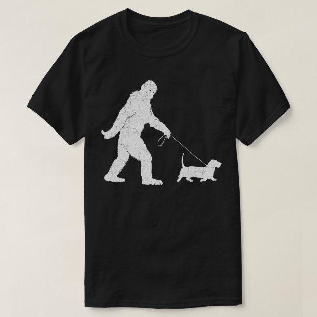 Funny Bigfoot Sasquatch Walking Basset Hound Dog L T-Shirt (Design Front)