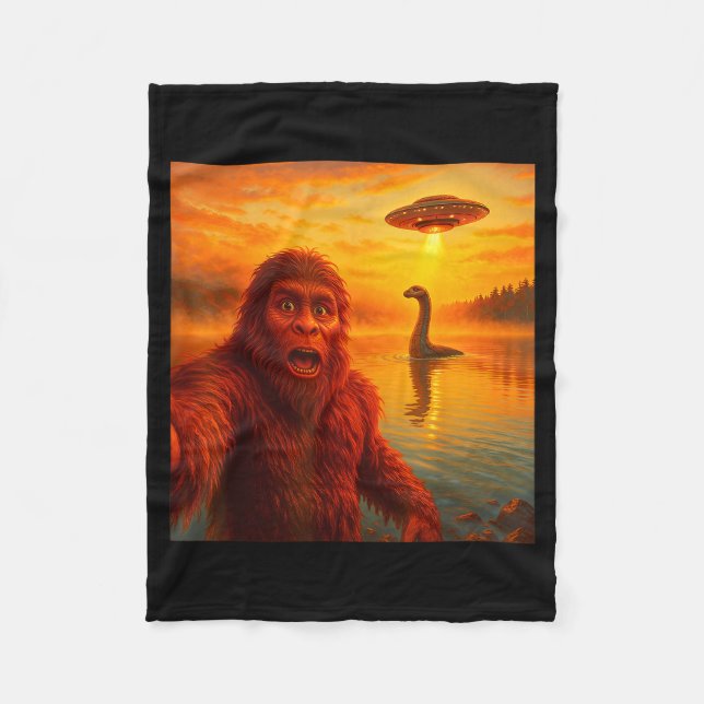 Funny Bigfoot Selfie With Loch Ness Monster And Uf Fleece Blanket (Front)