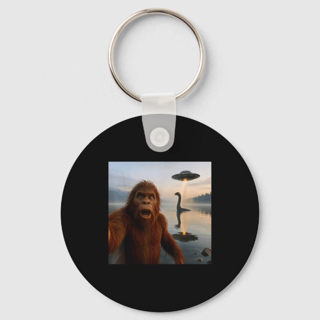 Funny Bigfoot Selfie With Loch Ness Monster And Uf Key Ring (Front)